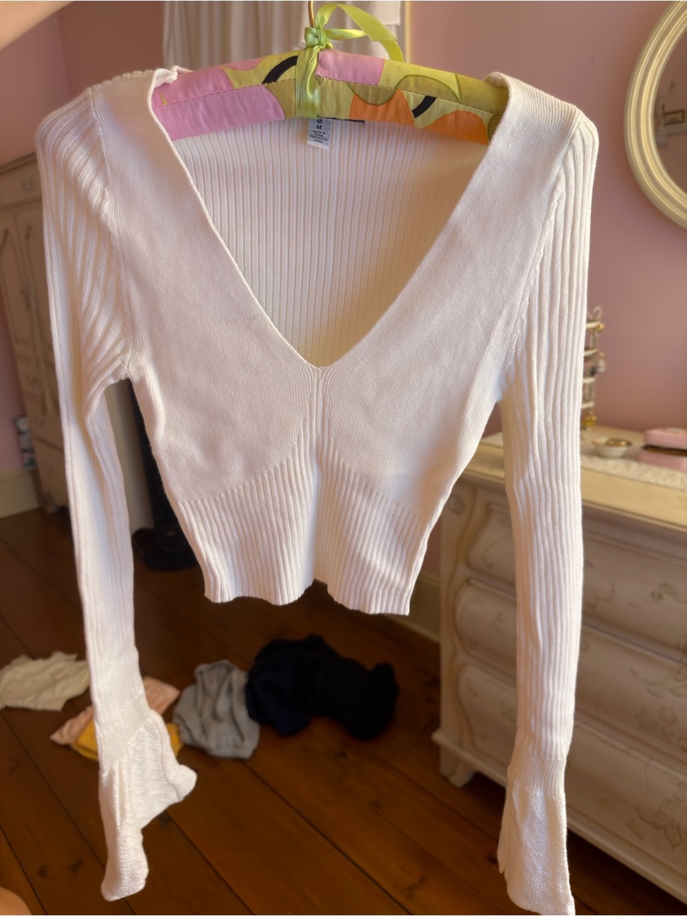 Urban Outfitters Ribbed V Neck Top with Lace Flare Sleeves